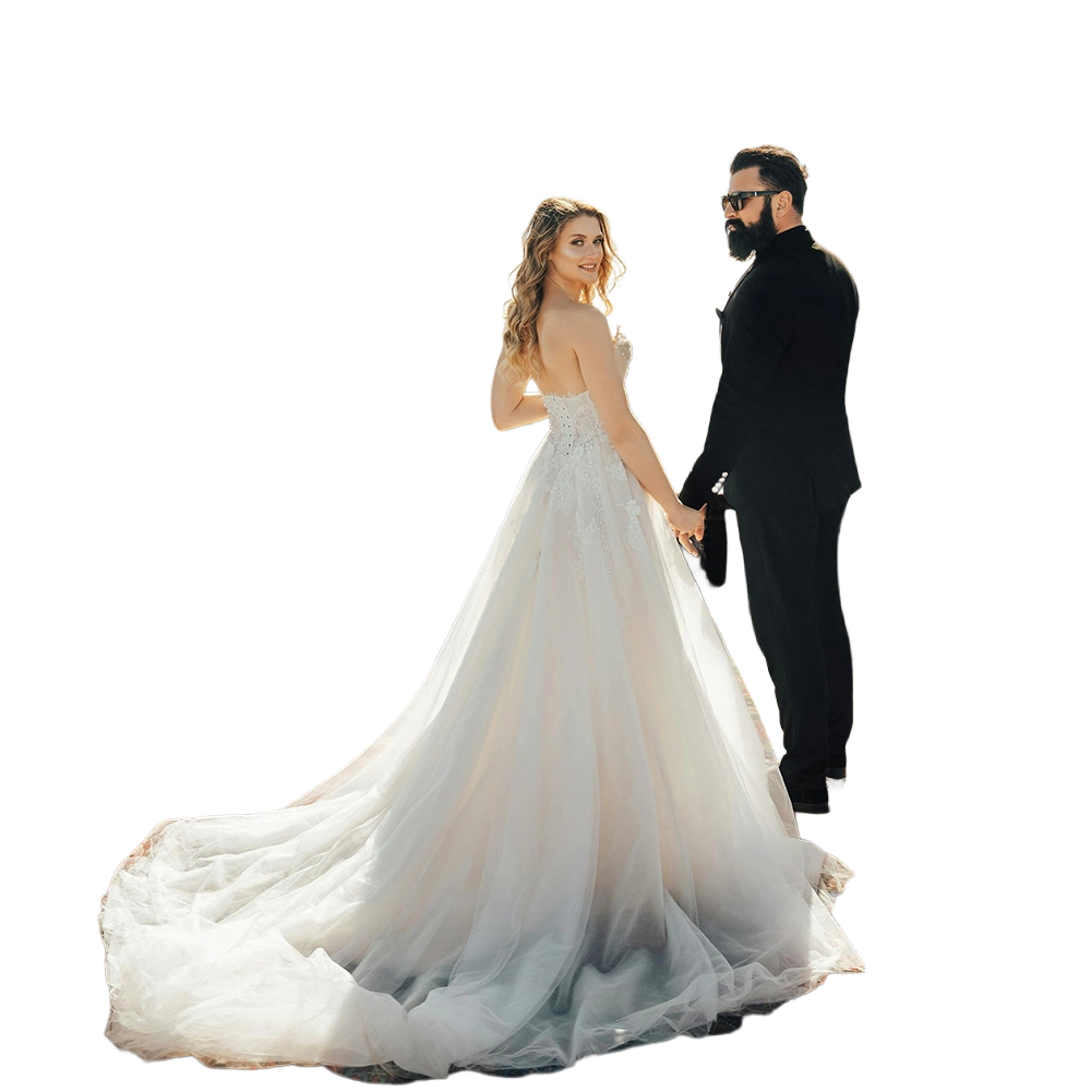 Same wedding photo after Pixometry enhancement, vibrant, natural skin tones, richer detail