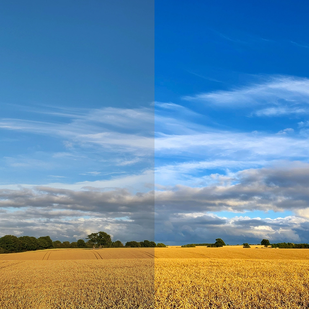 Landscape image showing dramatic before-and-after enhancement, enriched sky and colours
