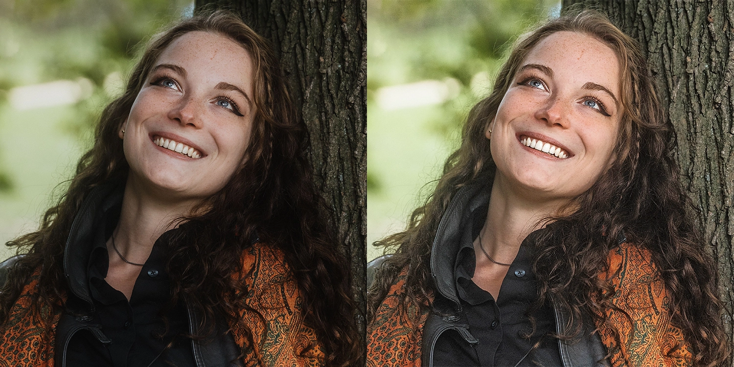Portrait split down the middle: dull, flat skin tones and eyes on the left; bright, sharp teeth and eyes on the right. Pixometry in one glance.